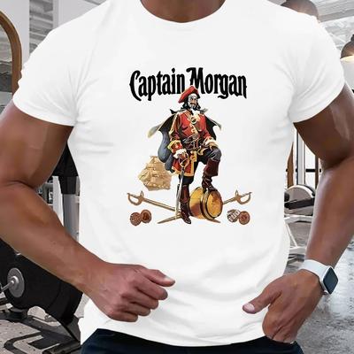 TEMU Men's Captain For Morgan Pattern Print Comfortable Versatile T-shirt, Regular Fit Round Neck Casual Summer Shirt Image