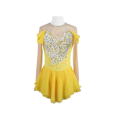 Eiskunstlaufkleid Damen Mädchen Eislaufen Kleid Gelb Patchwork Daumenloch Netzstoff Spandex Dehnbar Training Übung Professionell Eiskunstlaufkleidung Thermowarm Kristall / Strass Langarm Eislaufen Image
