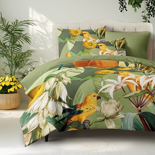 Tropische Pflanzen Blumen Bettbezug 100% Baumwolle Vollgröße Bettwäsche Set Bettsets Quiltbezug weicher leichter Komforterbezug mit 2 Kissenbezügen für jede Jahreszeit Image