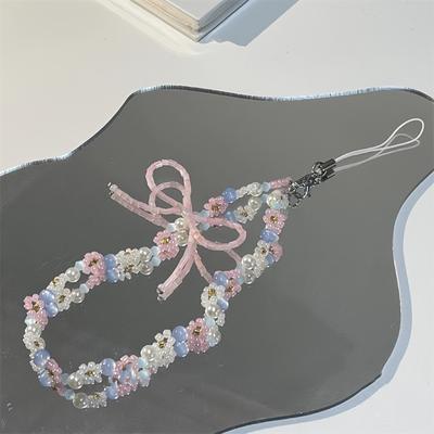 TEMU Pink Floral Bow Wrist Strap For Phones, Chains For Keys And Cameras, Decorative Beaded Anti-loss Accessory. Image