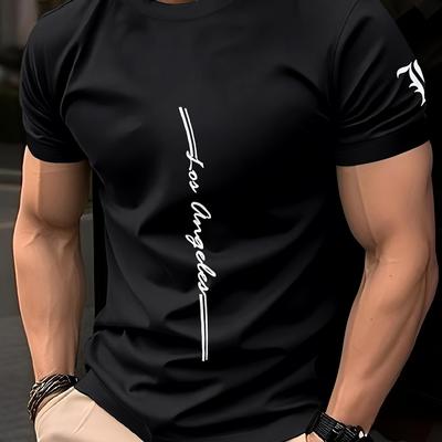 "TEMU Men' Pink Quick-dry Breathable Short Sleeve Crew Neck T-shirt With "los Angeles" Graphic Print - Outdoor Sports, Casual Fitness & Casual Attire" Image