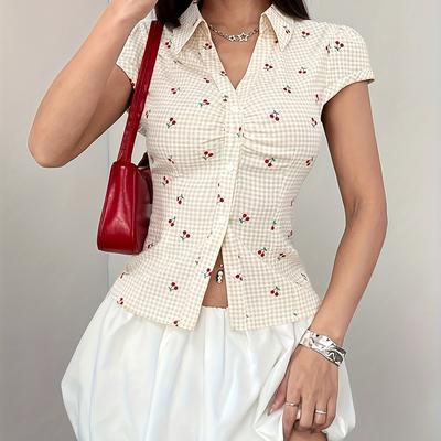 TEMU Women's Vintage-inspired Short Sleeve Shirt - Yellow & White Gingham With Cherry Print, Slim Fit Button-up Collar Top, Machine Washable Casual Shirt For All , Short Sleeve Tops Image