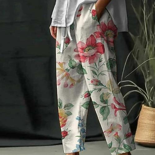 Damen Hose aus Baumwollleinen Abgeschnittene Hose Streetwear Boho Knöchellang Mittlere Taille Blumen Elastischer Bund Bequem Alltagskleidung Ausgehen Rosa Rote Sommer Frühling Normale Passform