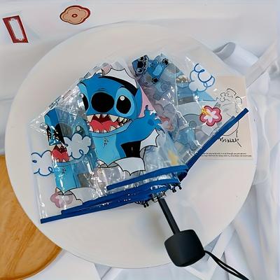 TEMU Stitch Cartoon Umbrella - Foldable, Automatic, Transparent Rain Umbrella With Iron Ribs & Handle, 8 Ribs Design, Cute Anime Style, , Everyday Umbrella | Design | Durable Umbrella Image