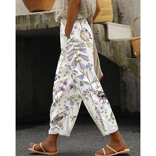 Damen Kunstbaumwollleinen Abgeschnittene Hose Streetwear Boho Knöchellang Mittlere Taille Blumen Elastischer Bund Bequem Alltagskleidung Ausgehen Blau Rosa Purpur Grün Sommer Frühling Normale Passform Image