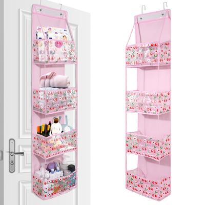TEMU Cherry Print 4-basket Over-the-door Organizer - Pvc Hanging Storage Bag With Hooks For Books, Toys & Clothes Image