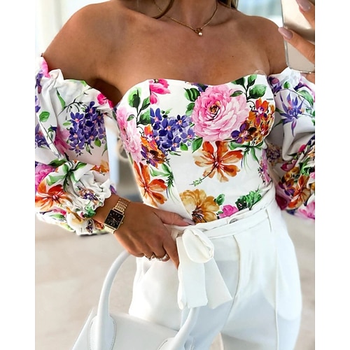 Damen Boho-Hemd Bluse Druck Blume Modern Boho Langarm Schulterfrei Normale Oberteile Täglich Ausgehen Erröten Sie Rosa Rosa Wein Rote Purpur Sommer Image