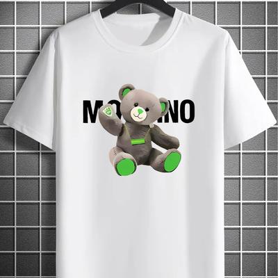 TEMU Men's Casual Graphic T-shirt With Bear Print - Soft Smooth Texture, Loose Fit Short Sleeve, Machine Washable, For Vacation & Leisure Activities, Leisure Apparel, Sporty Round Neck, Clothing Image