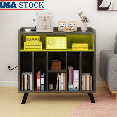 Record Player Stand with Power Outlets LED Lights Media Storage Cabinet 200 Albums USB Charging and