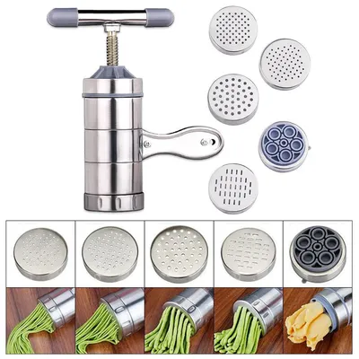 1Set Stainless Steel Household Manual Noodle Machine, Small 5-Type Mold Hand-Cranked Noodle Press