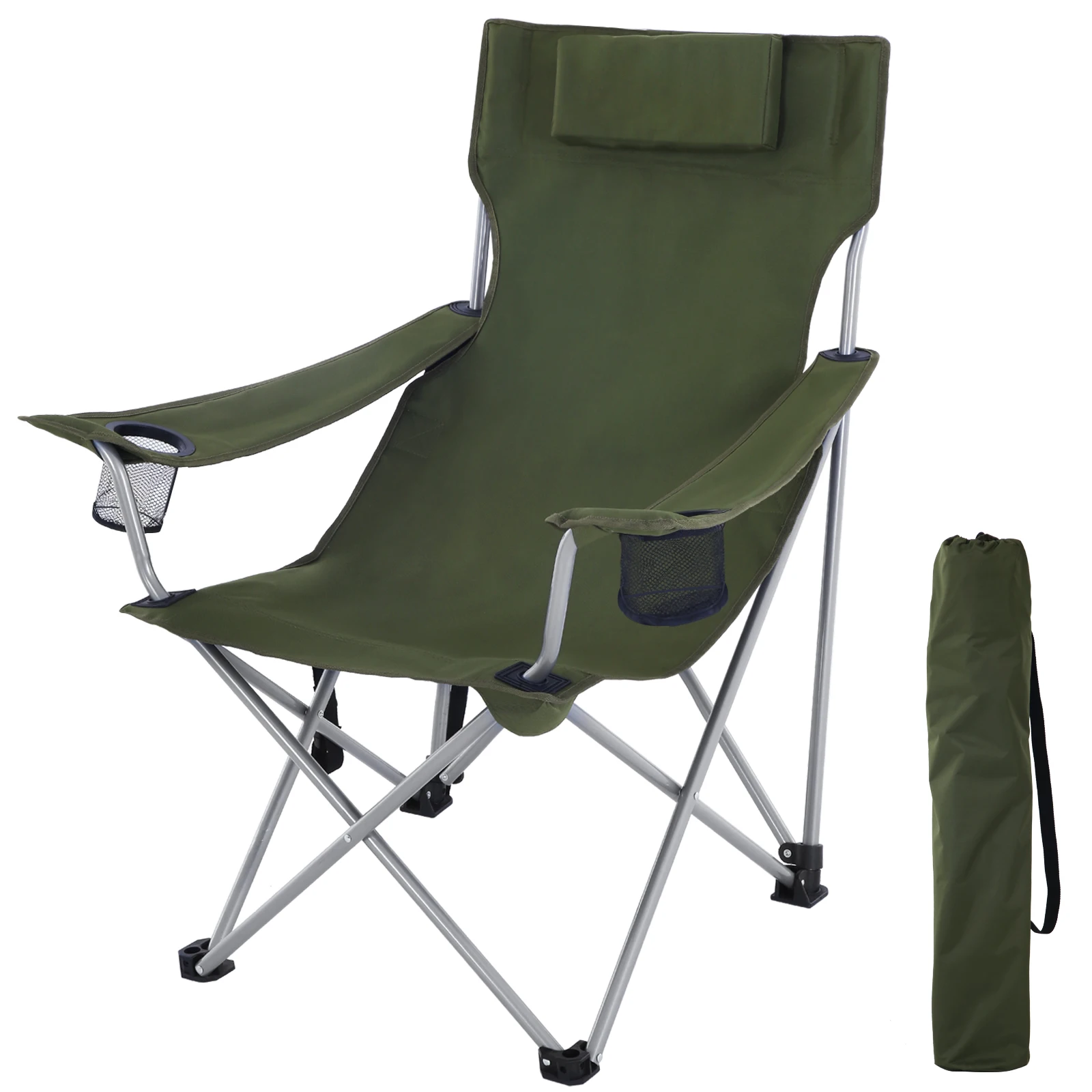 SONGMICS Campingstuhl, Klappstuhl, Outdoor-Stuhl mit Armlehnen, Kopfstütze und Getränkehaltern, stabiles Gestell Image