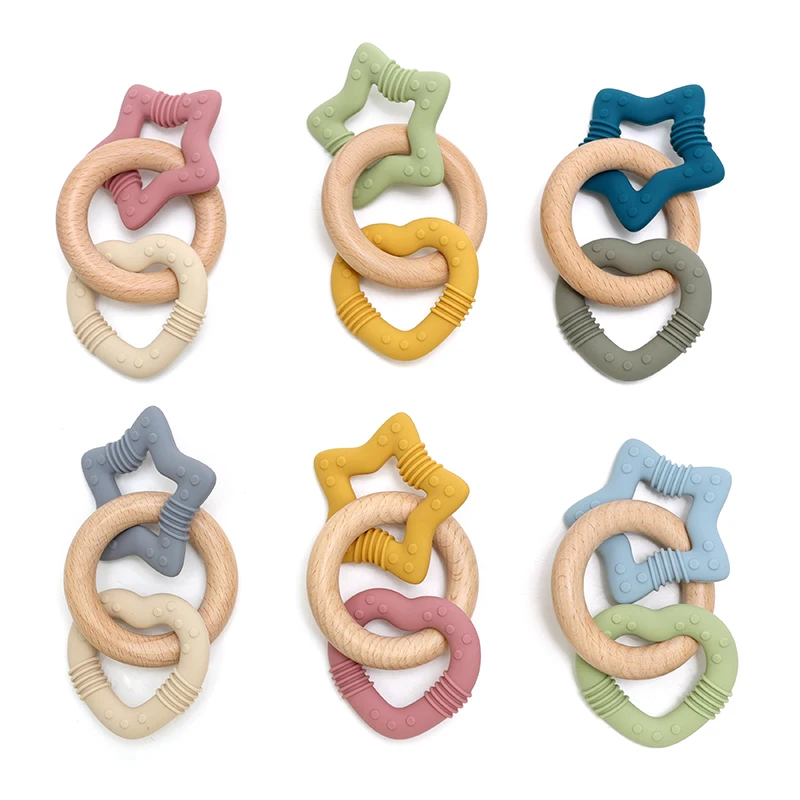 3-in-1-Beißring aus Holz für Babys, Silikon, Stern- und Herz-Beißring mit Zahnen, Holzring, Babyrasselspielzeug Image