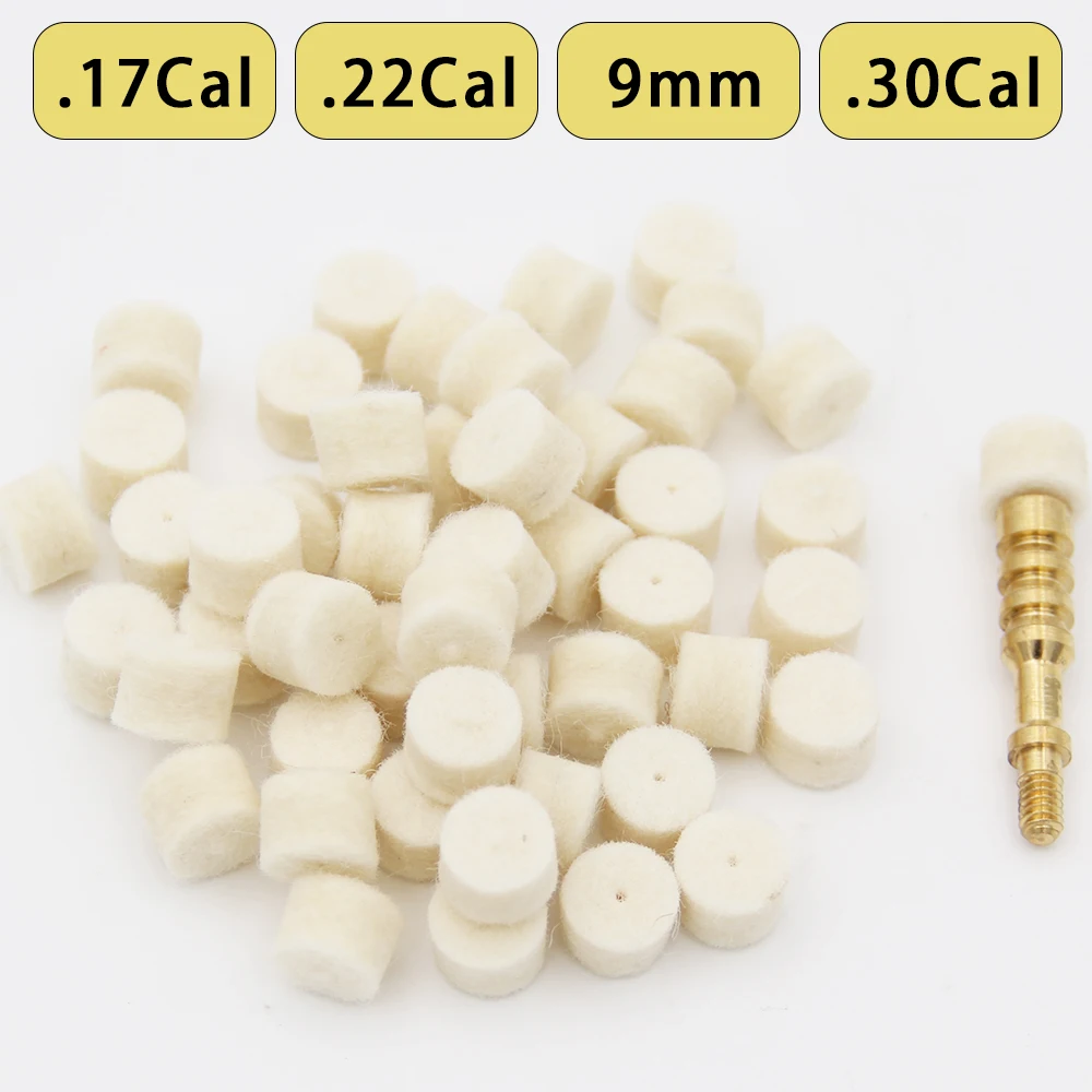 100 Stück Pistolenkammer-Reinigungsfilzgleiter mit 1 Stangenanschlussadapter für spezifische Reinigungspellets mit Kaliber.17/.22/.38/.30Cal Image