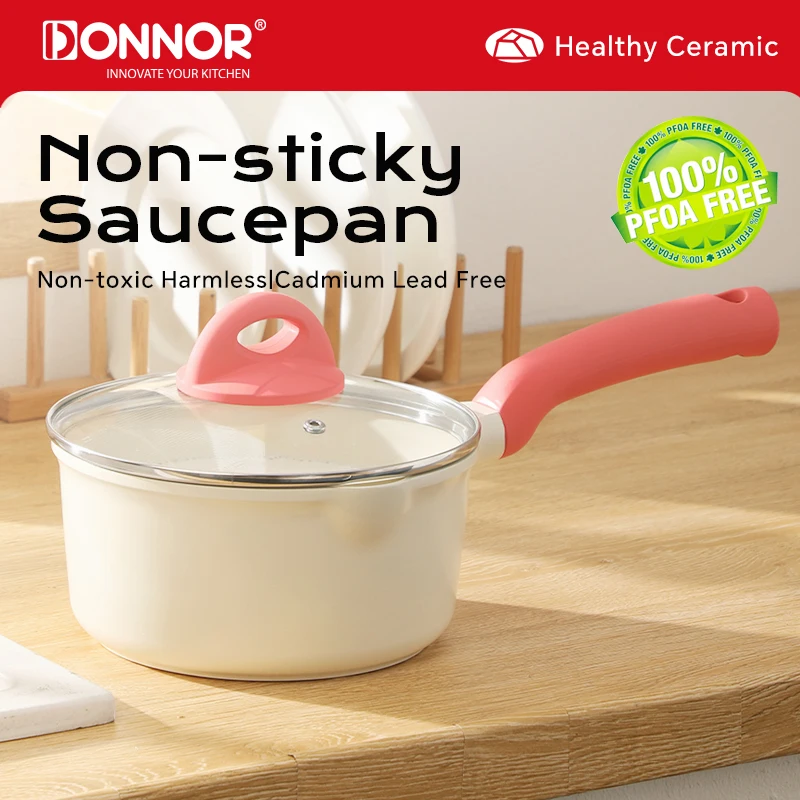 DONNOR 18 cm antihaftbeschichteter Kochtopf mit Deckel, kleiner Küchentopf mit Schweizer Granitbeschichtung, Induktion, praktischer Saucentopf, Kochtopf JT460 Image