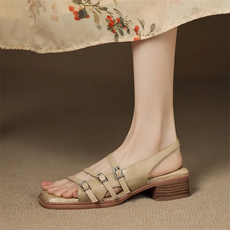 Neue Sommer Sandalen Split Leder Frauen Schuhe Karree Sandalen für Frauen Mode Gürtel Schnalle Blockabsatz Sandale Gladiator Schuhe