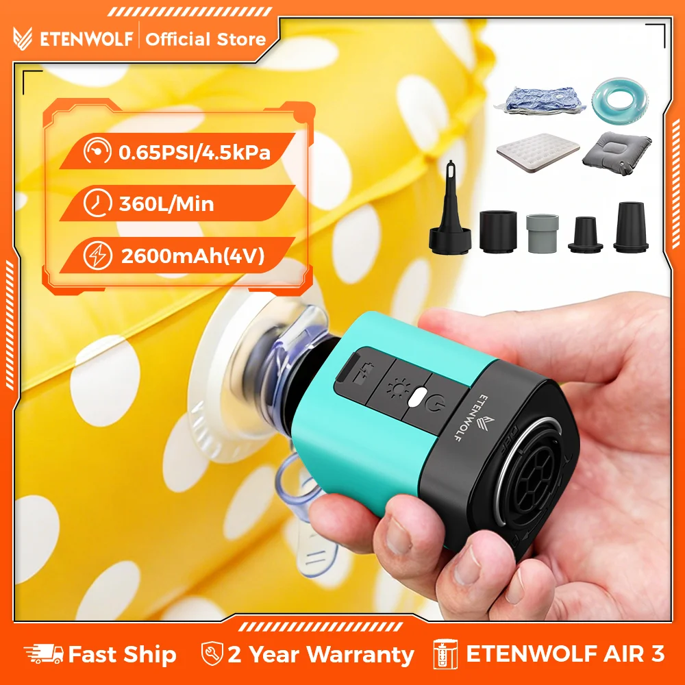 ETENWOLF AIR 3 Kabellose Elektrische Luftpumpe Campinglampe 2600mAh Kleiner Aufblas- und Entleerer für Pool-Luftmatratzen, Betten, Matten, Vakuumbeutel