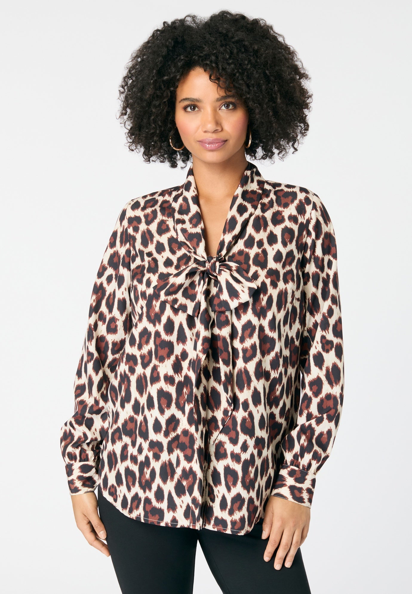 Plus Size Women's Long Sleeve Bow Blouse by Roaman's in Oatmeal Animal Print (Size 16 W)