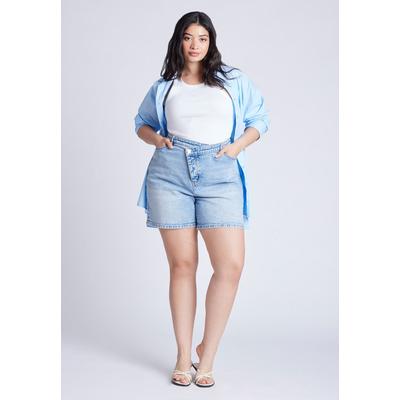 Plus Size Women's Overlap Waistband Shorts by ELOQUII in Light Wash (Size 28)