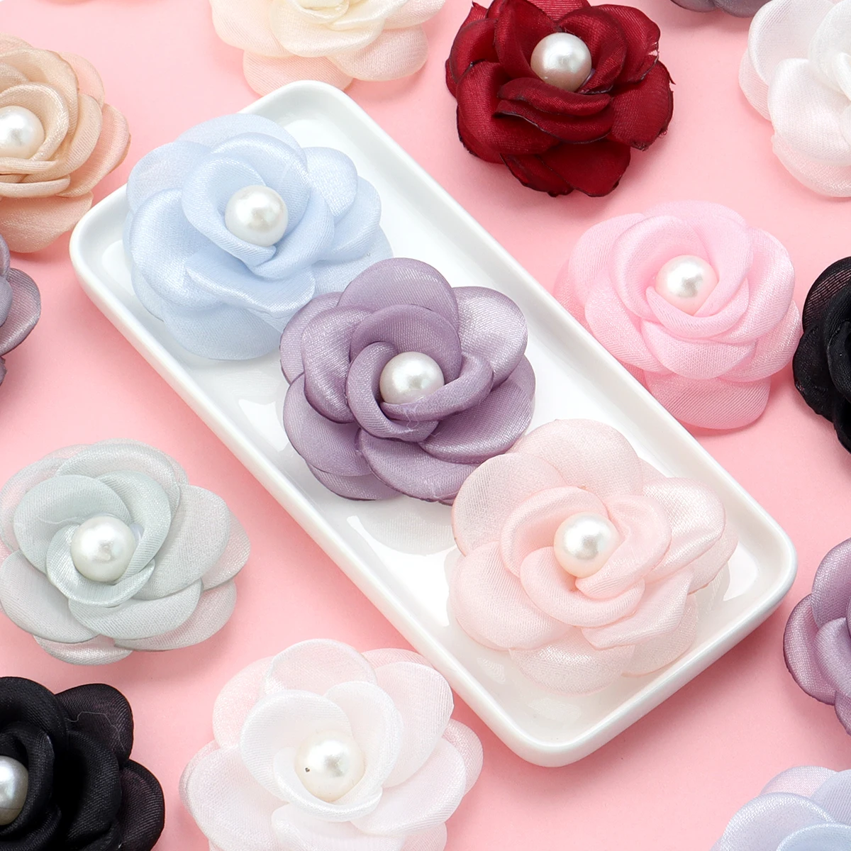 3 teile/los Schnee Gaze Kamelie Rose 5cm stereo skopische Organza Blume für DIY Haars pange Kleidung Hochzeits feier Dekoration Zubehör Image