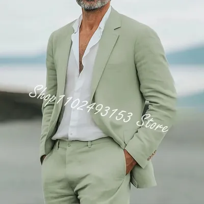 Green Linen Men Suits Notched Lapel Blazer Single Breasted Wedding Travel Summer Men's 2 Piece Suit Jacket Pants Costume Homme