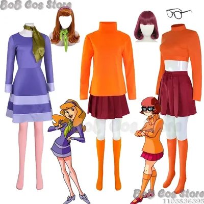 Scoo Velma Daphne Cosplay Kostüm Shaggy Outfit Uniform Perücke Anime Frau Rock Brille Halloween Party Set Mädchen Party Rollenspiel Image