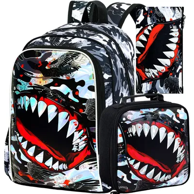 3Pcs Backpack for Boys, 16" Shark Kids Bookbag with Lunch Box, School Backpacks for Elementary Preschool Kindergarten