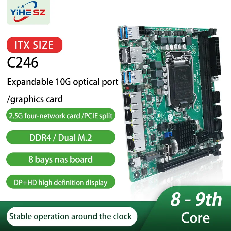 C246 ITX NAS Motherboard 8 SATA 3.0 4*I226 2,5G 2*M.2 NVME 2*DDR4 PCIE 16X NAS Board LGA1151 Unterstützung 8./9. Core CPU i3-9100