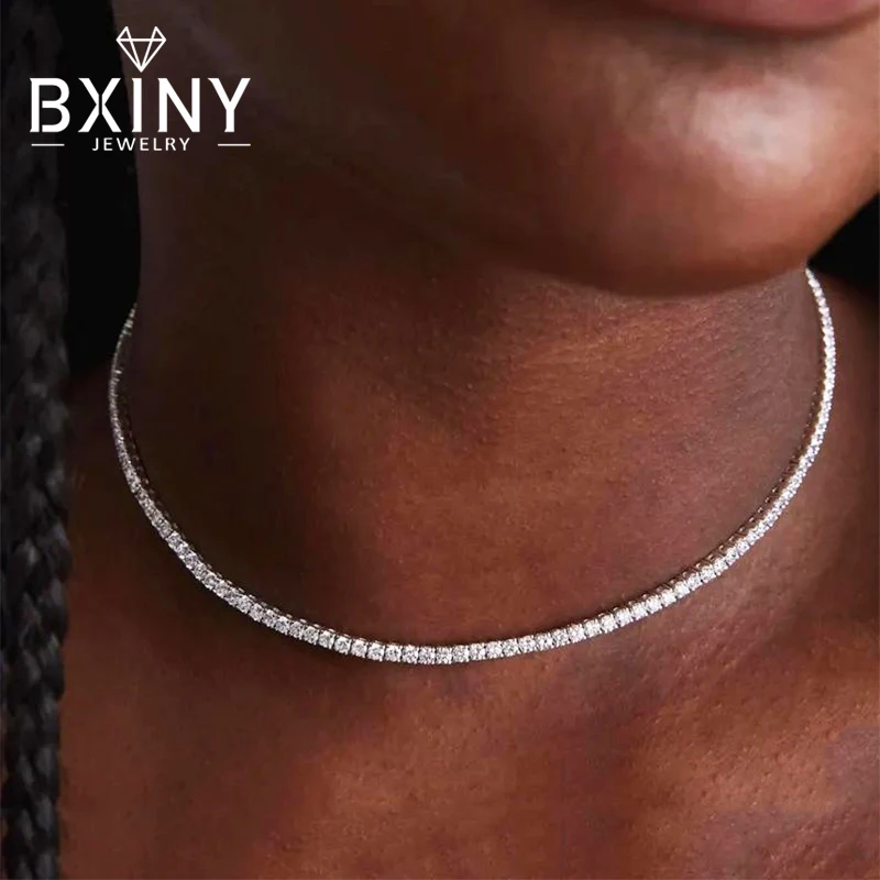 BXINY 2 mm Moissanit-Tennis-Halskette aus 925er-Sterlingsilber für Damen, verstellbare Halskette, edler Schmuck, Geschenke, GRA-zertifiziert Image