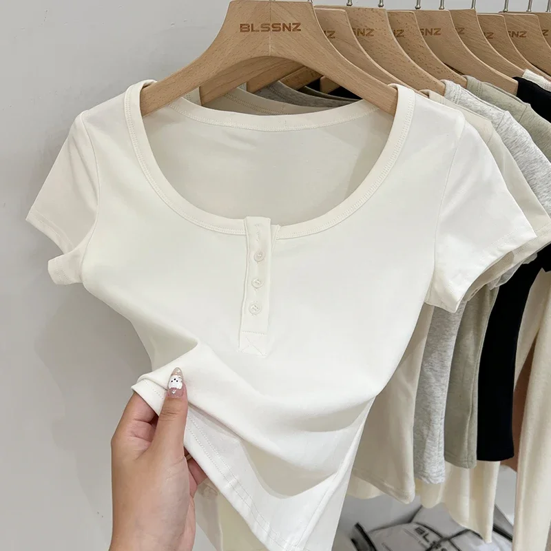 T-shirt da donna T-shirt con bottoni T-shirt da donna Top T-shirt slim in cotone T-shirt estiva da donna a maniche corte T-shirt sexy Canale Y2k