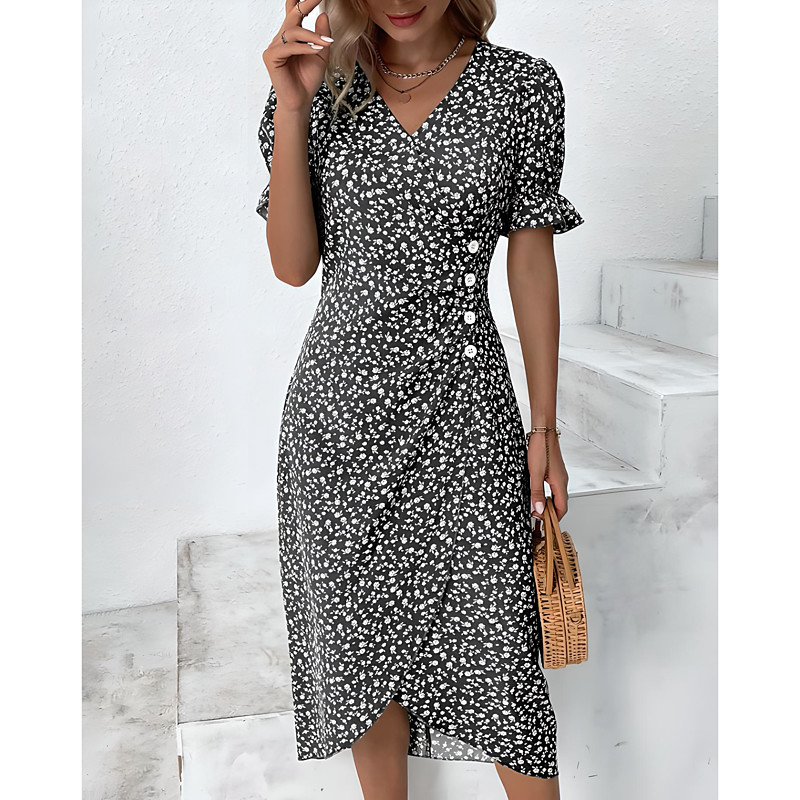 Women's Midi Dress Wrap Dress Elegant Lightweight Puff Sleeve Short Sleeve V Neck Going out Regular Fit Floral Black Pink Blue Green