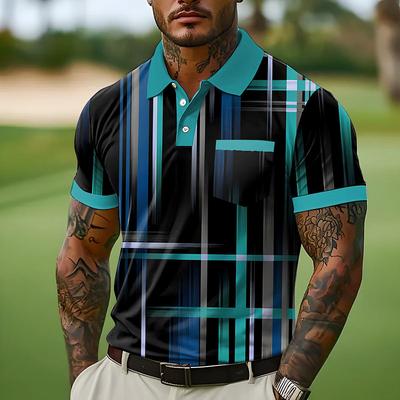 Men's Button Up Polos Street Casual Lapel Short Sleeve Fashion Geometic Line Buttons Pocket Summer White Blue Orange Green Button Up Polos