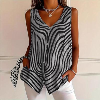 Women's Camisole Tank Top Graphic Striped Elegant Casual Sleeveless V Neck Regular Tops Daily Holiday Buttons Print Yellow Pink Blue Gray Summer Spring