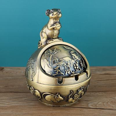 Vintage Ashtray with Lid, Chinese Zodiac 12 Animal Signs Decorative Covered Ashtray, Windproof Desktop Ornament for Home Office Living Room