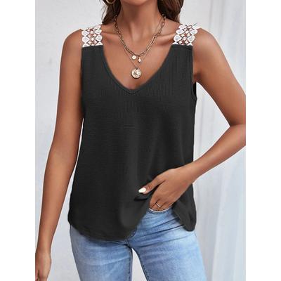 Women's Camisole Tank Top Solid Color Daily Casual Sleeveless V Neck Regular Tops Daily Lace Patchwork Black Pink Apricot Gray Summer