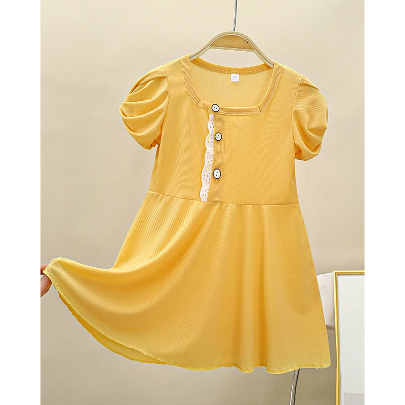 Kids Girls' Dress Solid Color Short Sleeve Outdoor Ruched Buttons Cute Adorable Polyester Knee-length Casual Dress Summer 4 years Yellow Pink Purple