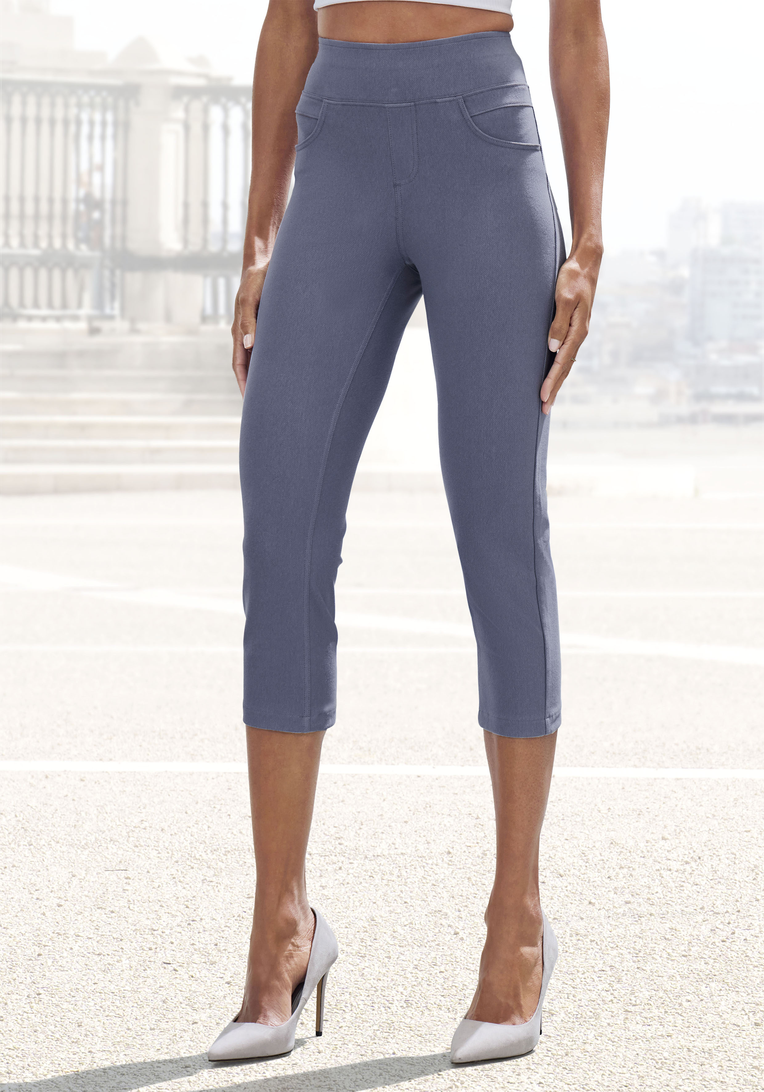 Caprihose H.I.S, Damen, Gr. 32/34, N-Gr, blau (jeans blau), Obermaterial: 70% Baumwolle, 25% Polyester, 5% Elasthan, unifarben, Basic, Hosen Caprihose, im Schlupfhosen Style