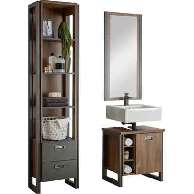Badmöbel-Set HOME AFFAIRE "Detroit, Bad im Industrialdesign, 3-teiliges Badezimmer", gelb (eiche honigfarben dekor, schiefer, nachbildung), Kastenmöbel-Sets, Unterschrank, Regal & Spiegel, holzfarben, offene Fächer & Stauraum Image
