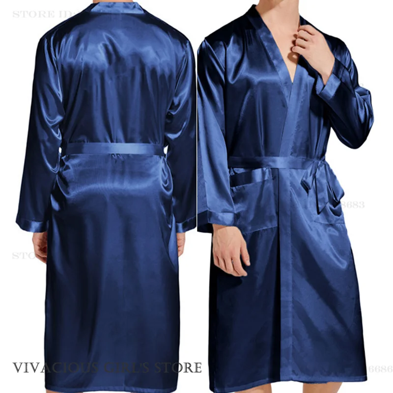 Männer Lange Bademantel Nachtwäsche Marineblau Seide Satin Bräutigam Hochzeit Robe Kimono Kleid Frühling Sommer Hause Kleidung Loungewear Image