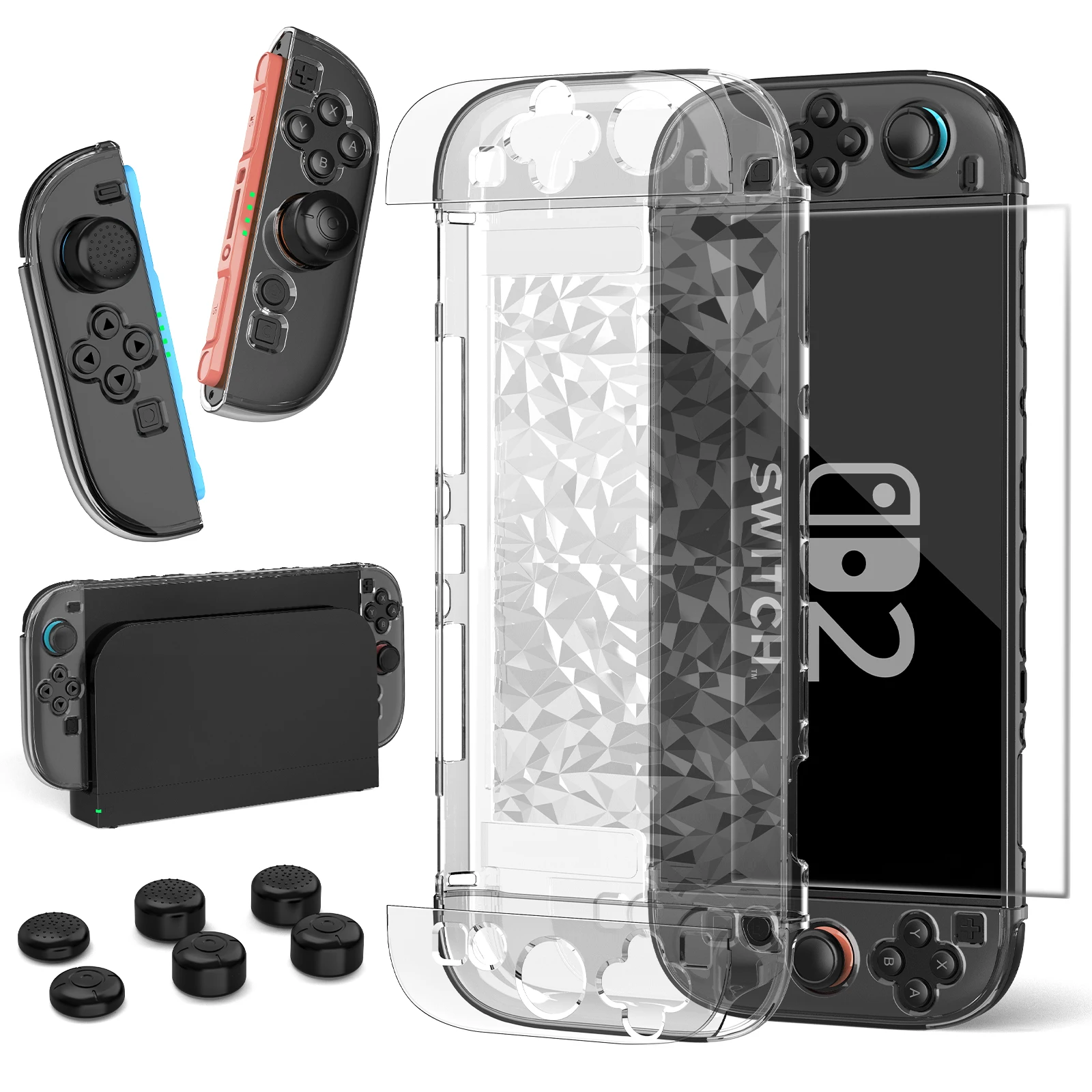 Für Switch 2, diamantstrukturierte Schutzhülle + Tastenkappen + gehärtete Folie, Spielekonsolen-Schutzhüllen-Set, Anti-Drop-Schutz Image