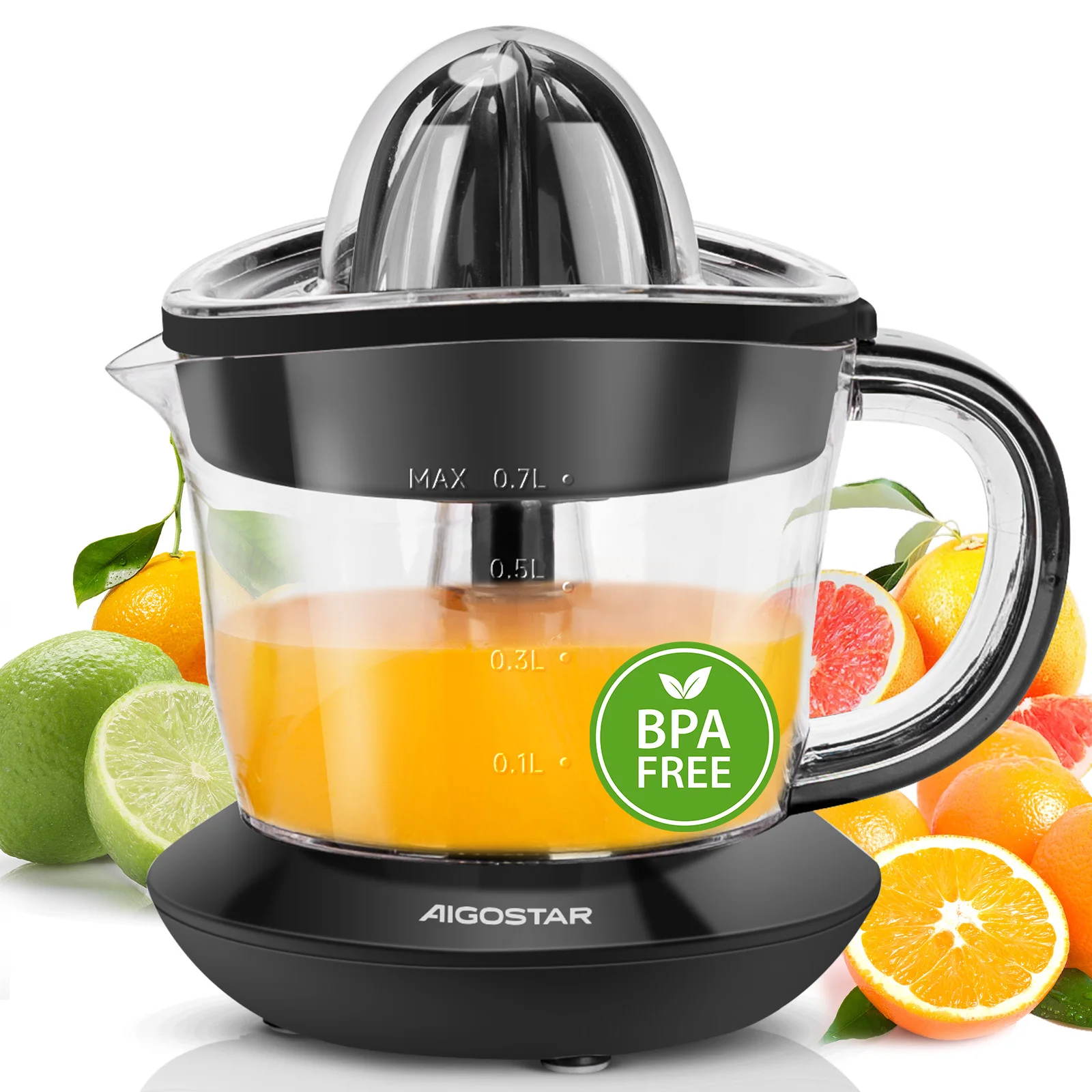 Aigostar elektrische Zitrus presse 40 Watt 700 ml, Zitrus presse mit Tropf auslauf, 2 austauschbare Zapfen. Bpa frei Image