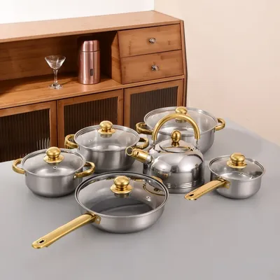 Thickened stainless steel cookware set, twelve piece set, soup pot, milk pot, frying pan combination