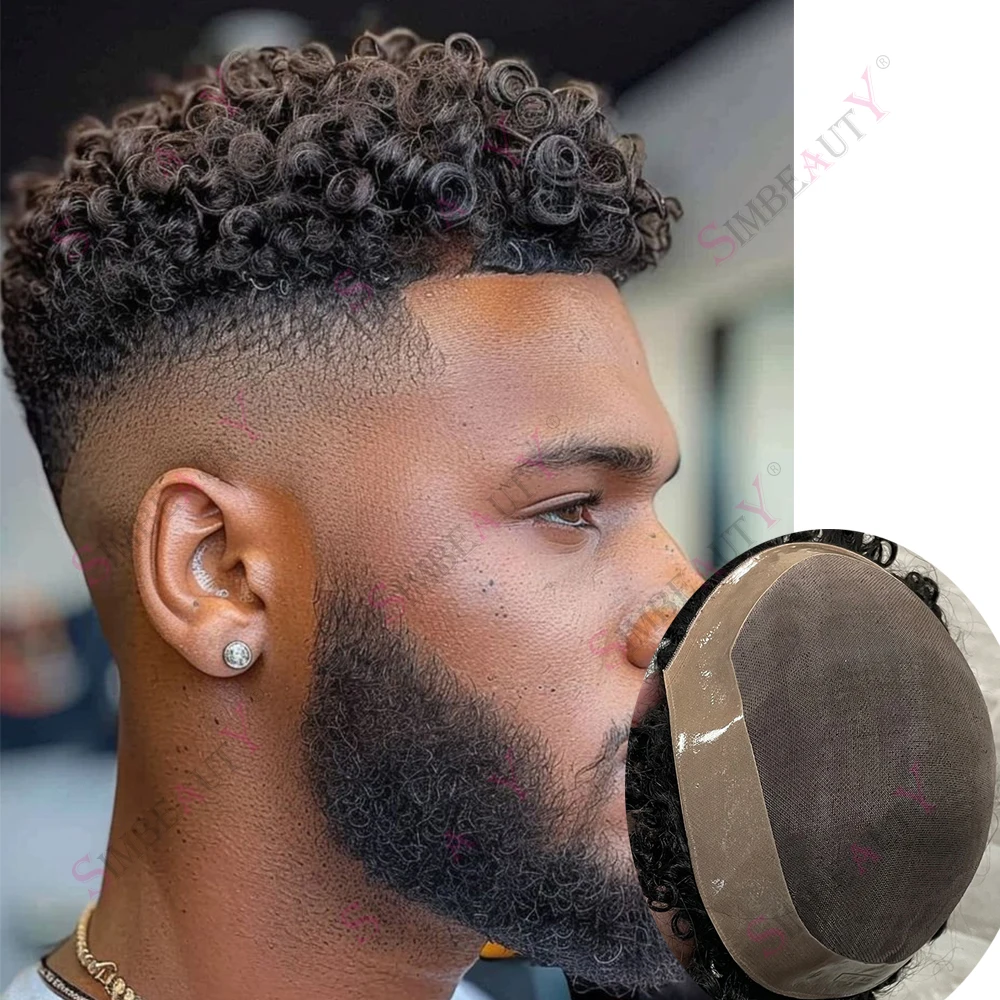10mm/12mm Afro Herren Kinky Curly Echthaar-Toupet Afroamerikanische Männer Natürliche Haarlinie Mono Lace Haarprothese Image