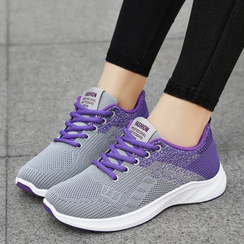 Damen 2025, Frühling, atmungsaktive Strick-Turnschuhe, modische Mischungsfarbe, rutschfeste Sportschuhe für Damen, weiche Sohle, Schnür-Wanderschuhe
