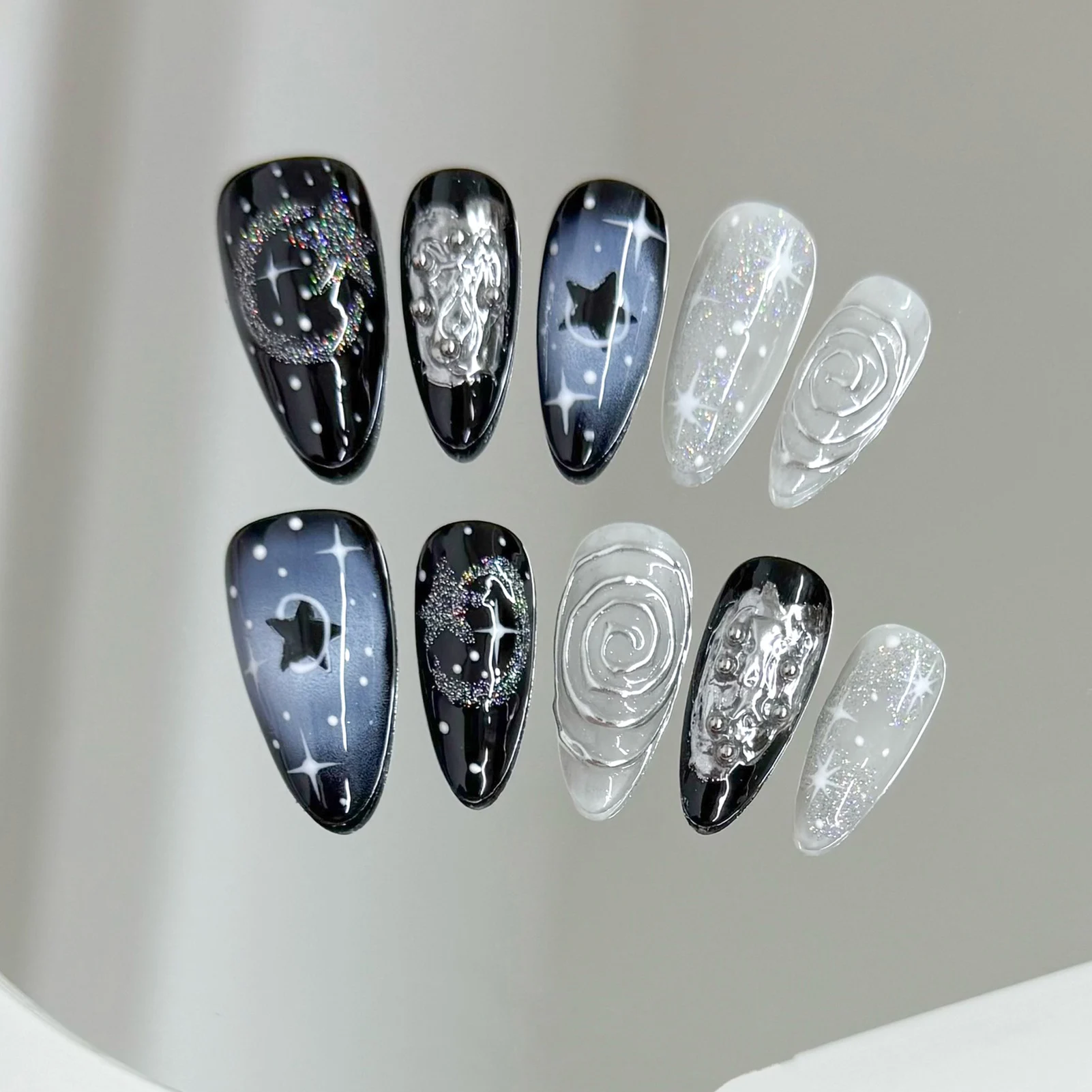 10 Stück bunte Stern schwarz Press on Nails Mandel Flash Punk würzige Mädchen handgemachte falsche Nägel Blush Glitter charmante Maniküre Nagel Image