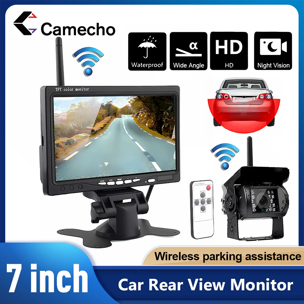 Camecho 7" HD-Automonitor, Einparkhilfe, kabellose Rückfahrkamera, Nachtsicht, wasserdichte Rückfahrkamera für LKW, Trail, Bus Image