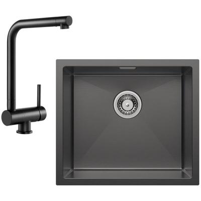 Unterbauspüle mit 1 Becken 50×44CM Edelstahlspüle Anthrazitschwarz + Schwarz Küchenarmatur Image