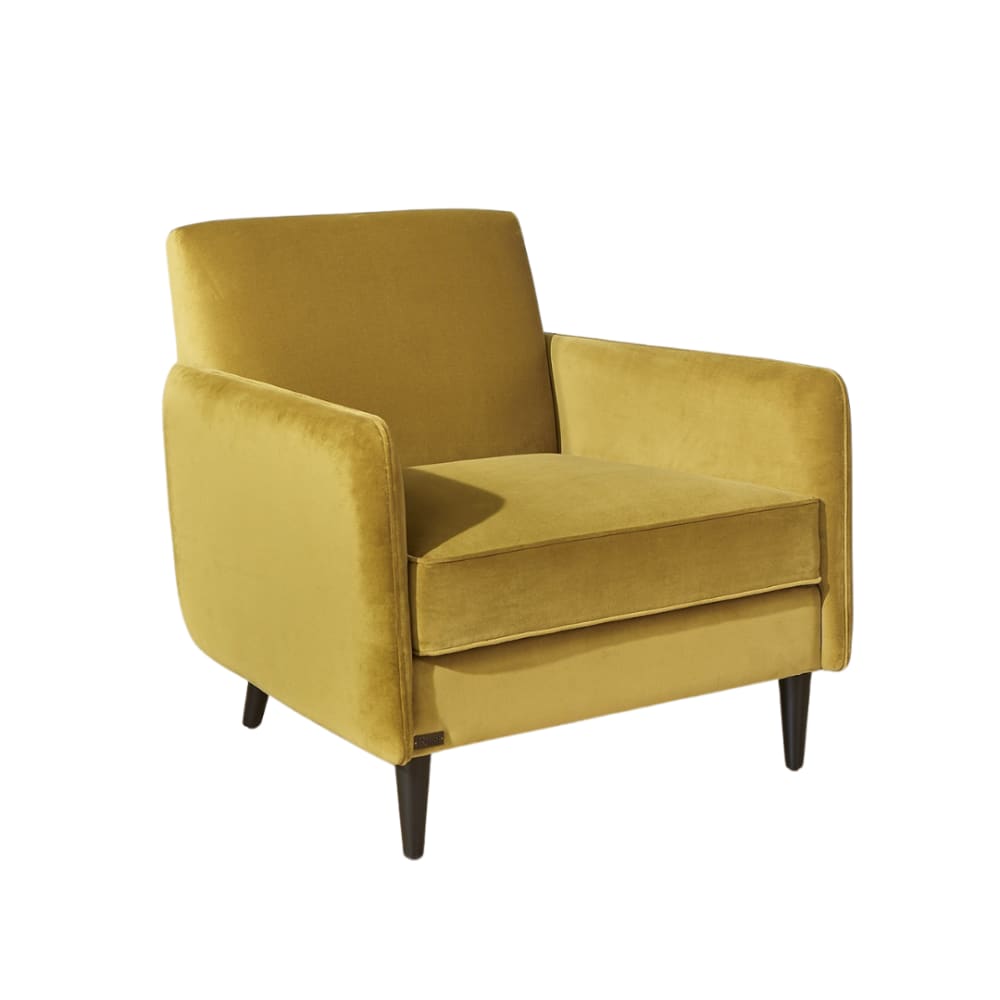 Fauteuil en chêne et velours jaune moutarde