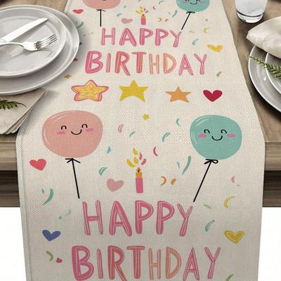 TEMU 1pc Happy Birthday Table Runner - Cartoon Balloons & Design, Festive Party Decor For Kitchen & Dining Tables, Polyester Blend, Rectangular Shape, Birthday Party Decorations Image