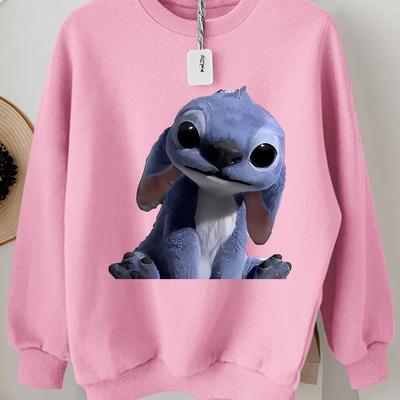TEMU Licensed Stitch Graphic Women's Sweatshirt - Vibrant Red Casual Long Sleeve Round Neck Pullover, Soft Knit , Machine Washable Image