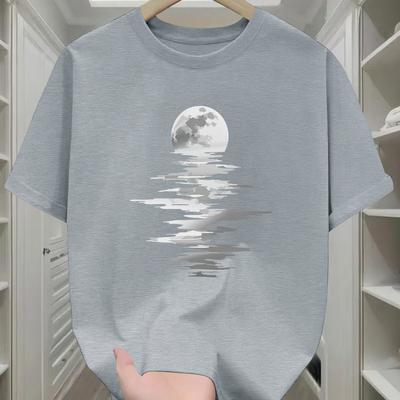 TEMU Men' & Waves Print T-shirt - Navy Blue Casual Summer Tee With Elastic Round Neck, Comfortable Fabric, Trendy Short Sleeve Top For Casual Attire, Moon Decor Image